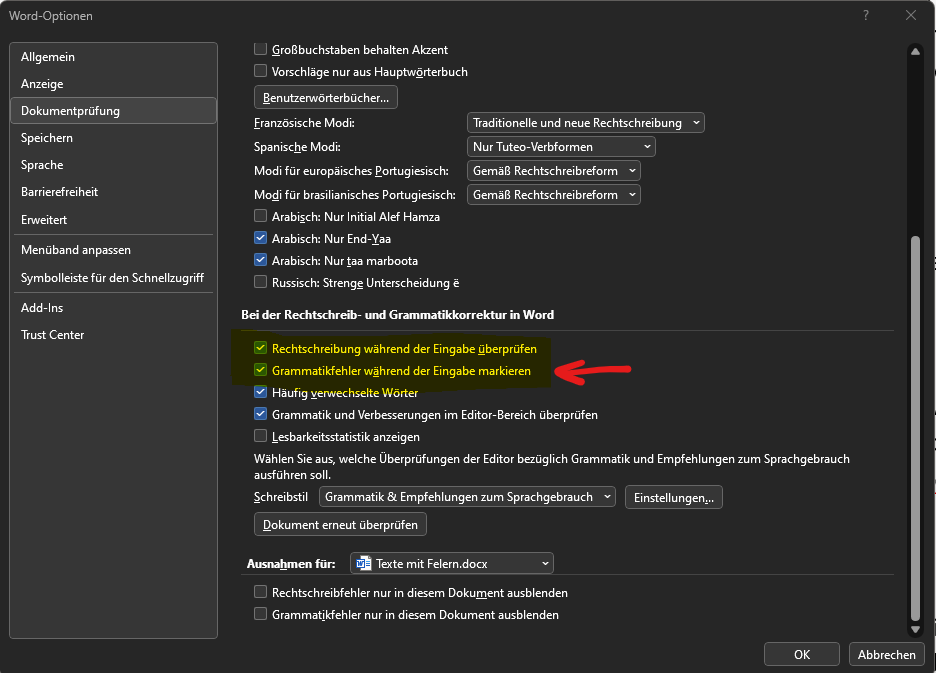 checkbox-marked Grammatikfehler während der Eingabe markieren